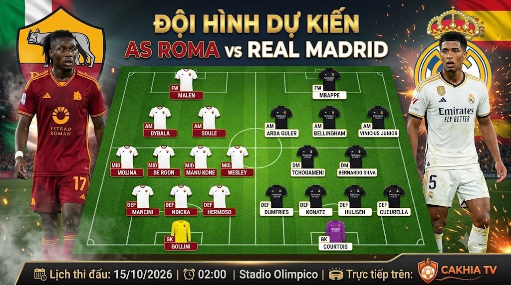 Sơ đồ chiến thuật và đội hình dự kiến trận AS Roma đối đầu Real Madrid tại Champions League