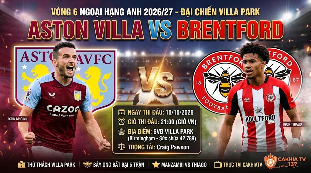 Nhận định Aston Villa vs Brentford vòng 6 Ngoại hạng Anh lúc 21h00 ngày 10/10/2026 trên CakhiaTV